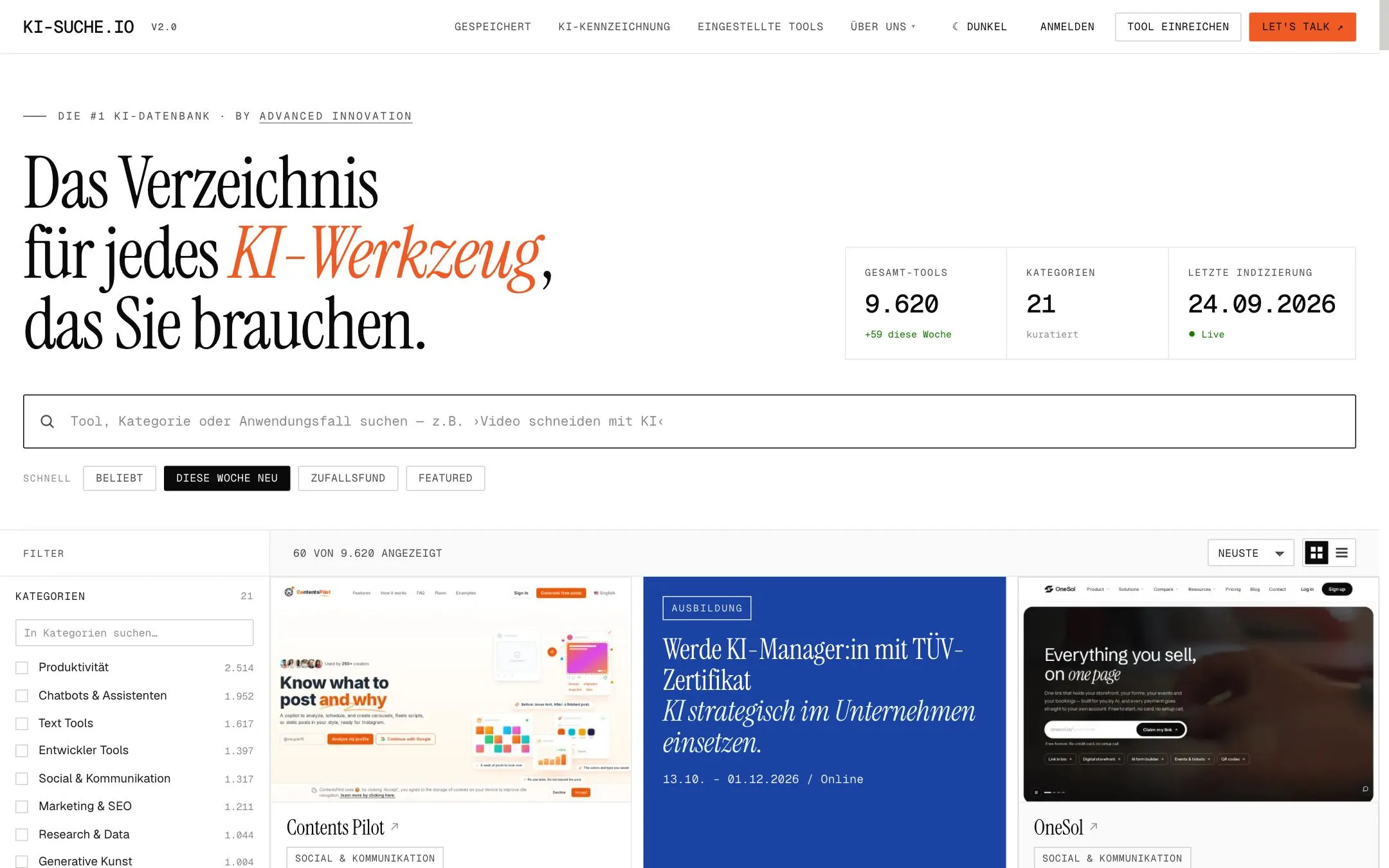 Startseite von ki-suche.io mit Suchfeld, Kennzahlen, Kategorien-Filter und Tool-Karten